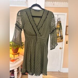 Zara Dress Green Pom Poms Bohemian Dress Size Small